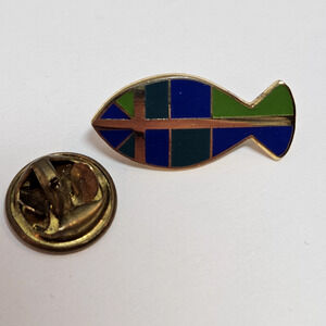 Vintage Christian Ichthys Jesus Fish Lapel Pin Mosaic Checkered Blue Green MINT